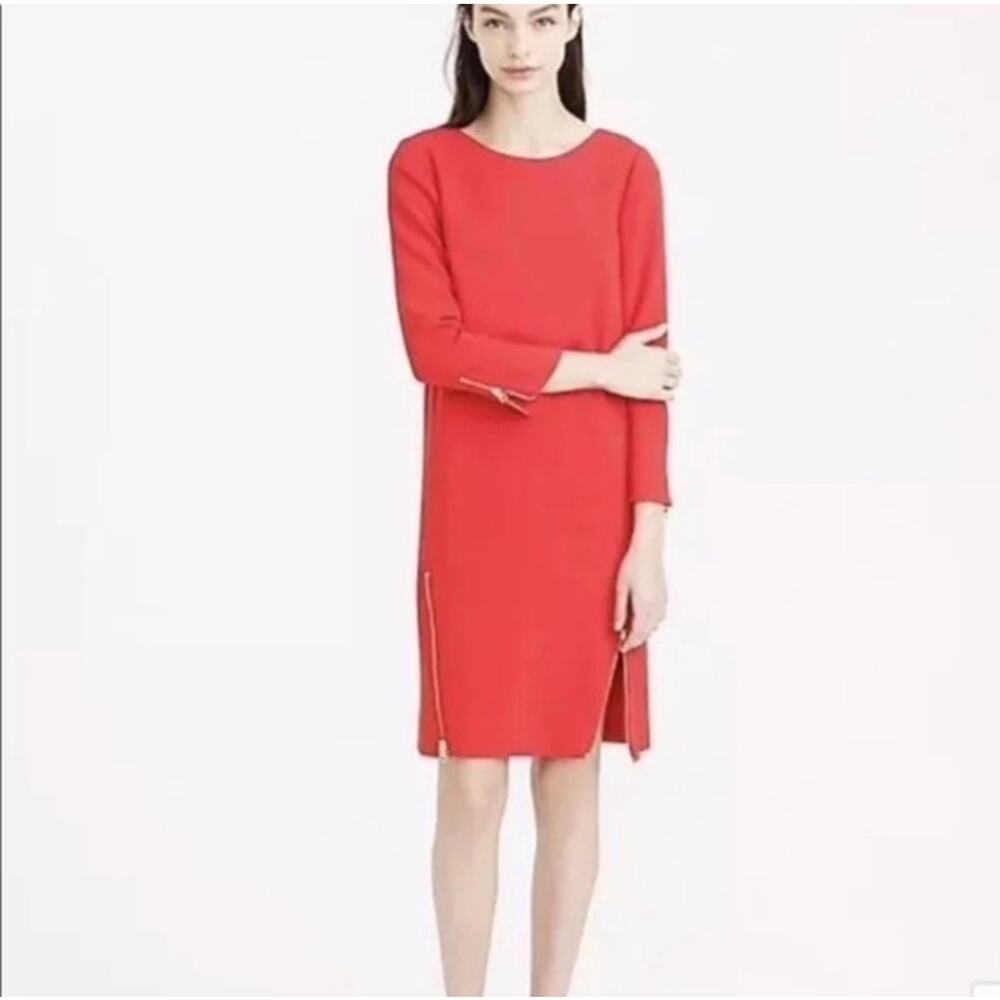 J Crew Size 2 Dress Double Zip Electric Red Round Neck Long Sleeve Shift Women’s